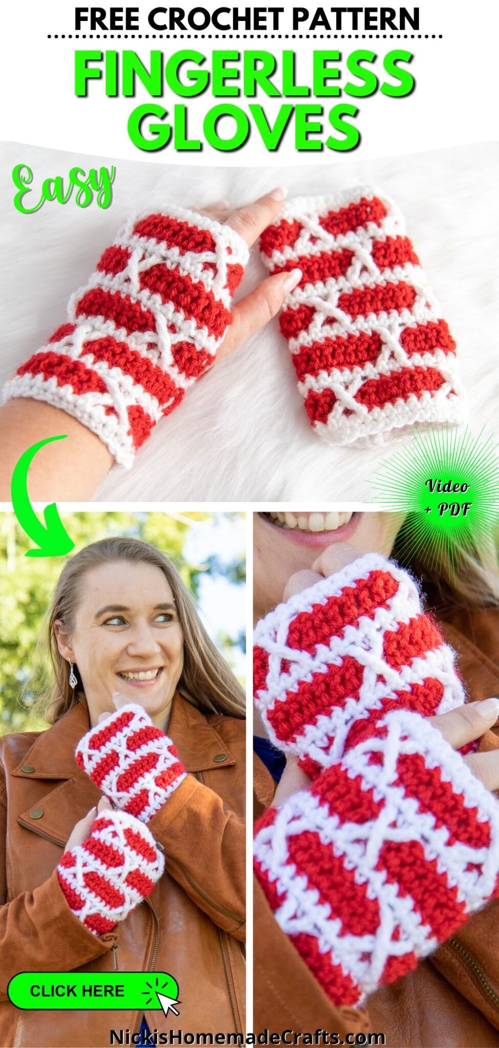 Free Crochet Fingerless Gloves Pattern in Red and White Stripes - Nicki ...