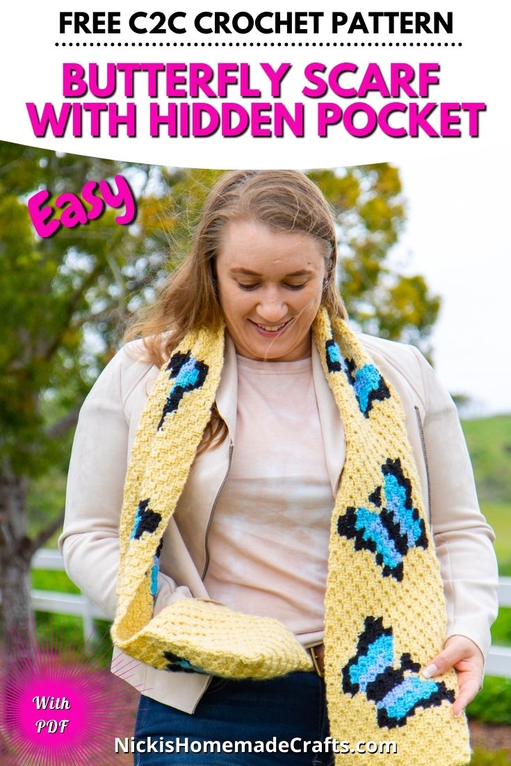 FREE C2C Butterfly Crochet Scarf Pattern with Hidden Pocket Nicki's