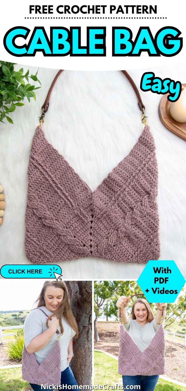 Free Cable Crochet Bag Pattern with 3 Squares - Nicki's Homemade Crafts
