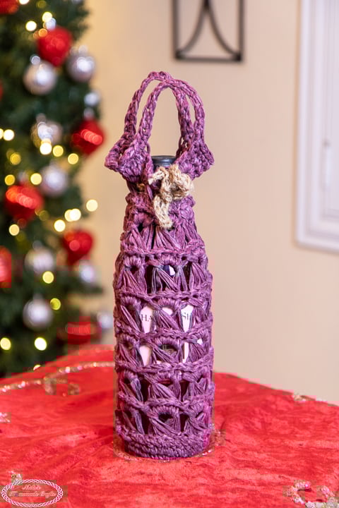 Wine bottle bag made with the Crochet Broomstick Lace Stitch