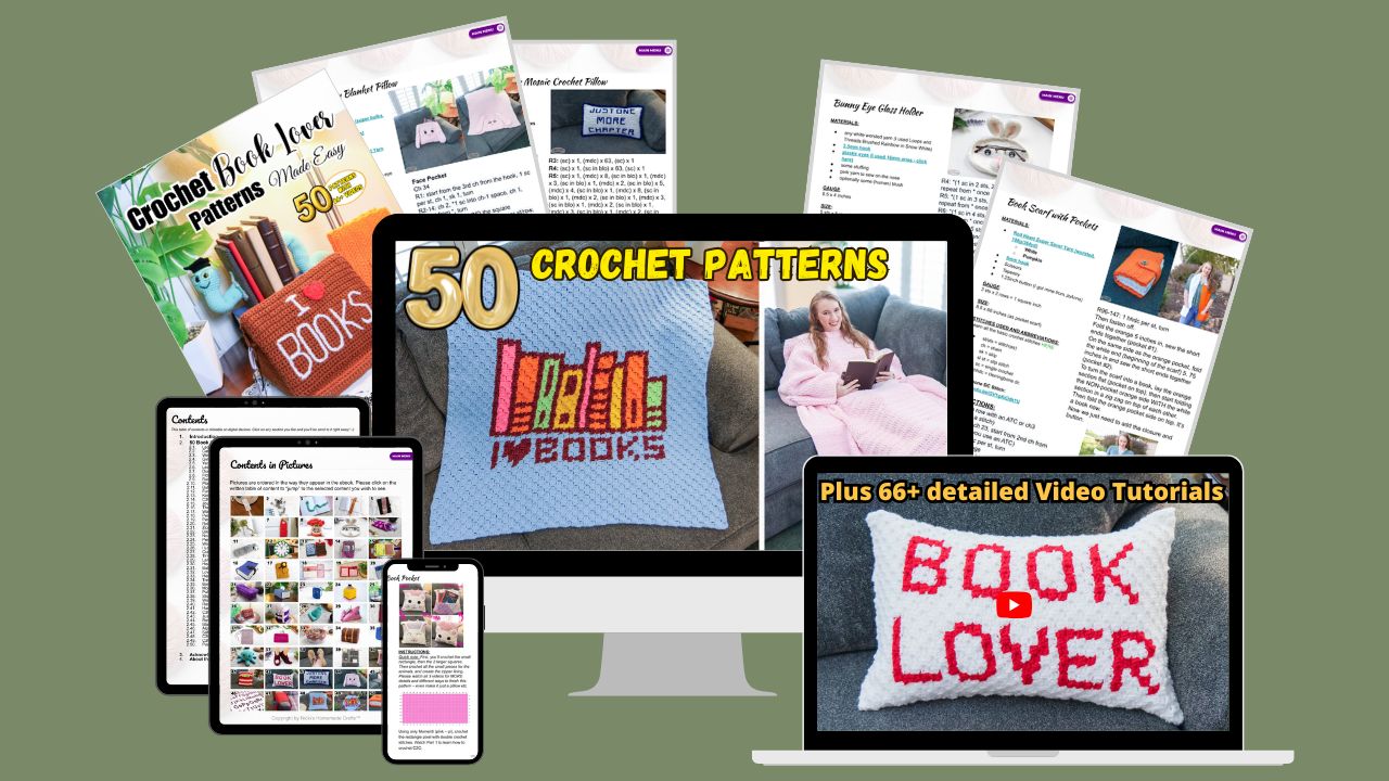 Crochet Book Lover Patterns Devices green background