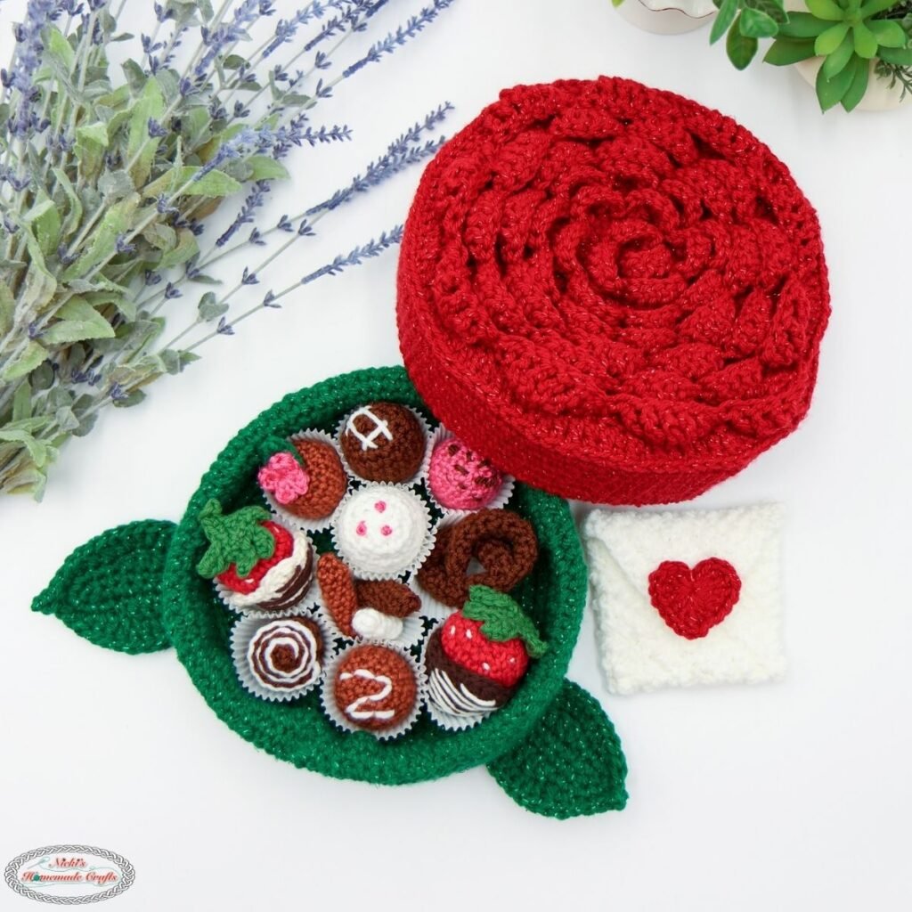 Free Chocolate Praline Rose Box with Heart Envelope Crochet Pattern