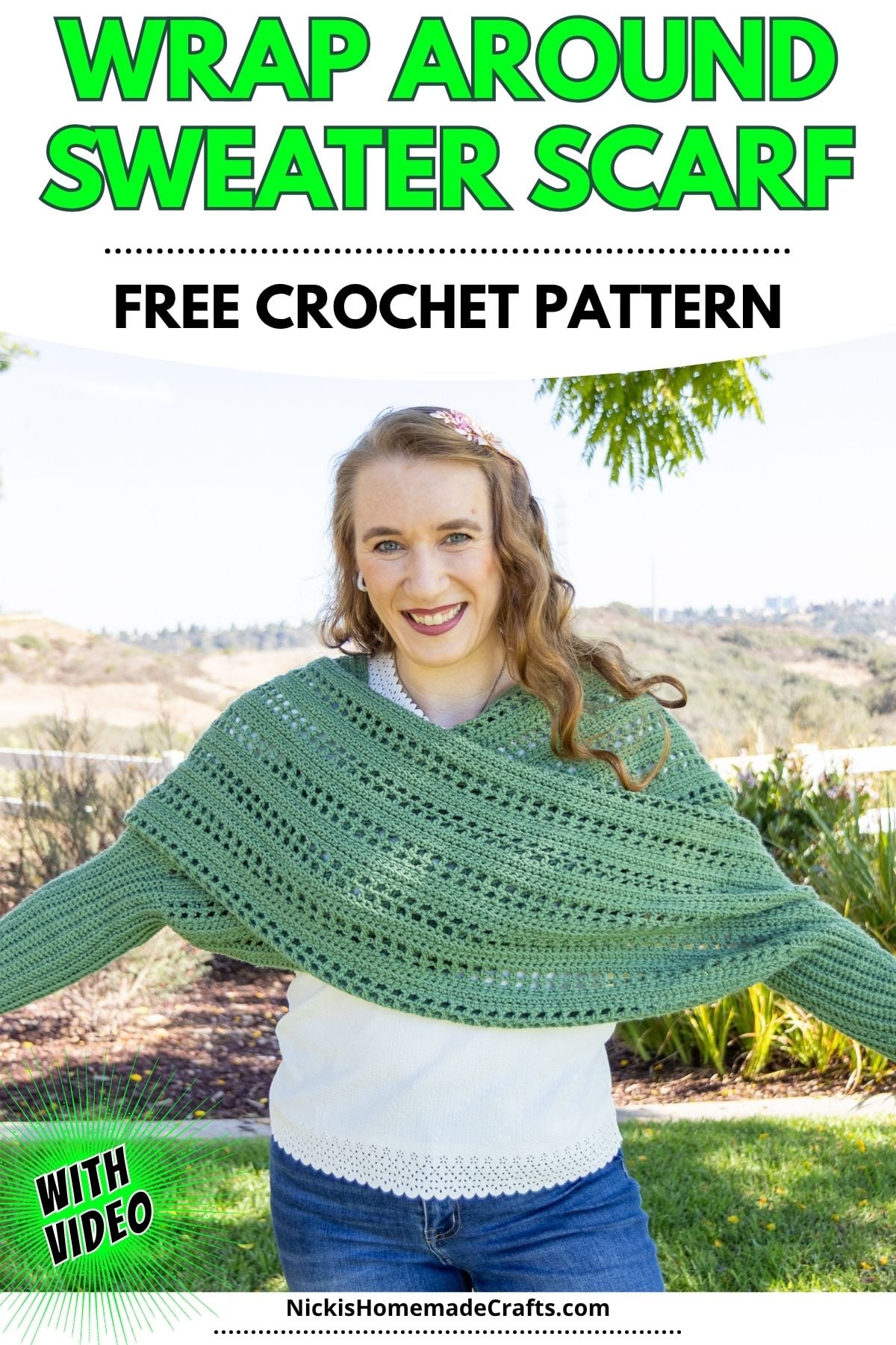 Linked Filet Crochet Wrap Around Sweater Scarf - Standard Pin
