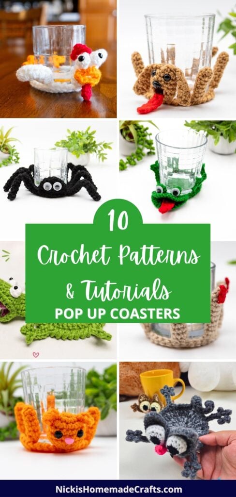 10 Crochet Pop Up Coaster Patterns & Tutorials Including Chickens, Hands, Frogs, Turtles, Cats, Dogs, Spiders, and More