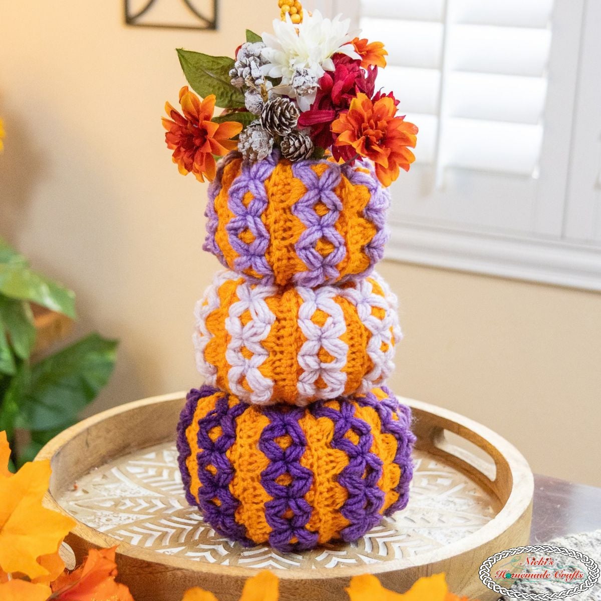 Crochet Diamond Puff Stitch Pumpkin Trio Pattern - Square
