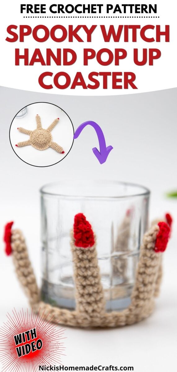 Spooky Crochet Witch Hand Pop Up Coaster Pattern - Long Pin